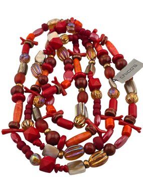 NWT Chicos Chazz Multicolor Red & Gold Beaded Necklace Layered Design 58" Opera